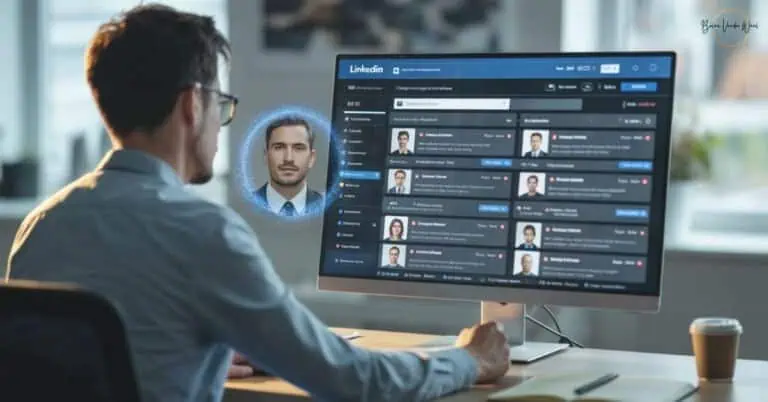 This Image Represents The Answer To The Question: How Do Recruiters Find Candidates? And How To Get Found. A Man With Glasses Sits At A Desk In A Bright, Modern Office, Viewed From Behind. He Is Looking At A Computer Monitor Displaying A Mockup Of A Linkedin Recruiter Interface Featuring Candidate Profiles Arranged In A Grid. A Glowing, Circular Holographic Portrait Of A Professional-Looking Man In A Suit Floats In The Air Between The Man And The Screen, Symbolising A Candidate Being &Quot;Discovered&Quot; Or Highlighted By Search Technology. On The Wooden Desk Are A Notebook, A Pen &Amp; A Disposable Coffee Cup.