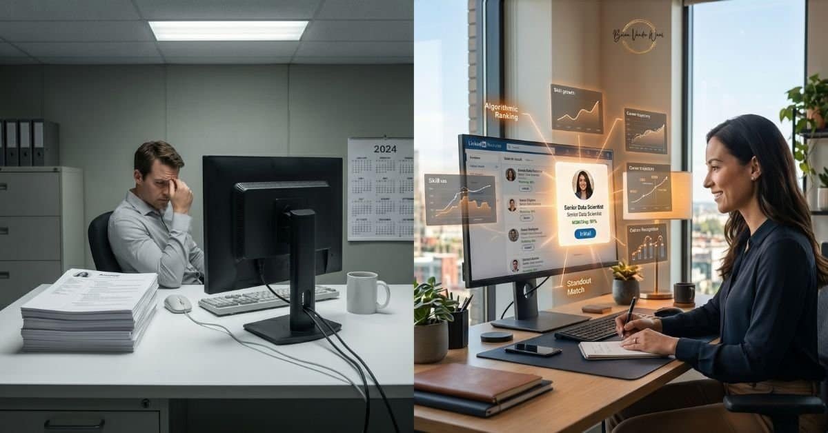A Side-By-Side Comparison Of Two Hiring Processes: On The Left, A Frustrated Job Seeker With His Head In His Hands Faces A Blank Monitor In A Grey, Paper-Filled Office, Illustrating Why Your Job Search Isn'T Working; On The Right, A Smiling Recruiter In A Bright, Modern Office Views A Detailed Ai-Powered Applicant Analysis, Illustrating An Efficient Hiring Match.