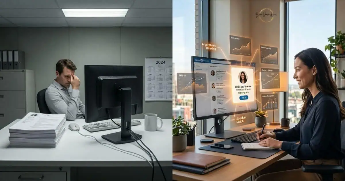 A Side-By-Side Comparison Of Two Hiring Processes: On The Left, A Frustrated Job Seeker With His Head In His Hands Faces A Blank Monitor In A Grey, Paper-Filled Office, Illustrating Why Your Job Search Isn't Working; On The Right, A Smiling Recruiter In A Bright, Modern Office Views A Detailed Ai-Powered Applicant Analysis, Illustrating An Efficient Hiring Match.
