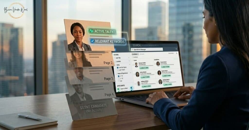 This Image Provides A Strong Visual Answer To The Question: How Do Recruiters Find Candidates? And How To Get Found.  It Is A Hyper-Realistic, Professional Over-The-Shoulder Photograph, Capturing The Moment A Female, South Asian Recruiter With Professional Hair, Viewed From Behind And The Right, Wearing A Navy Blazer. She Is Actively Sourcing Candidates In A Modern High-Rise Office At Sunset. The Open Laptop On The Desk Displays A Detailed, Complex, Text-Accurate Mock-Up Of The Linkedin Recruiter Search Results Page For 'Operations Manager'.The Screen Content Is Dense And Realistic: The Central Search Bar Explicitly Reads &Quot;Search: Operations Manager&Quot;. Below This, A Grid Of Distinct Candidate Result &Quot;Cards&Quot; Is Visible, Including Small Profile Photos (Diverse Candidates), Current Titles, Locations, And Legible Status Indicators Like 'Open To Work'. The Complex Left-Side Filtering Panel Of 40+ Advanced Filters Like &Quot;Location&Quot;, &Quot;Skills (Checked: Lean Six Sigma)&Quot;, &Quot;Years Of Experience (Checked: 5-10)&Quot;) Is Clearly Rendered. Near The Laptop On The Desk Stands The Conceptual, Physical 3D Stack Of Six Profile Cards.The Card Stack Is Standing Vertically. The Top Card, In Sharp Focus And Brightly Lit By The Sunset, Shows The Face Of A Black Woman And Features The Legible Glowing Badges: &Quot;Active Talent&Quot; (Green Pulse) And &Quot;Relevant Keywords&Quot; (Blue Check). The Cards Descend Into Page 2, Page 3, And The Dim, Grey &Quot;Silent Candidate (No Activity)&Quot; Card. A Subtle, Translucent Glowing Data Line Connects The 'Active Talent' Card Directly To A Corresponding 'Active' Spotlight Filter Toggle On The Laptop Screen. The Recruiter’s Right Hand Is On The Mouse, Making The Scene Feel Active And Focused, While A Notepad And Pen  Are On The Left On The Polished Wood Desk. The Background Cityscape Bokeh Anchors The Entire Sophisticated Scene.