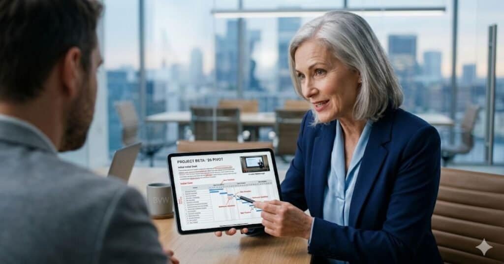 Why Do Recruiters Think I Used Ai? (And How You Can Fix It) 3 A Hyper-Realistic, Cinematic Over-The-Shoulder Photograph Capturing A Senior-Level Professional Woman With Elegant Silver Hair In A Bright, Modern Glass-Walled Conference Room. She Is Leaning Forward, Confidently Presenting A Tablet To A Recruiter. The Tablet Screen Avoids A Standard Resume Format, Instead Displaying A Detailed &Quot;Project Beta: '26 Pivot&Quot; Case Study With A Red-Line &Quot;Failed&Quot; Draft, A Complex Gantt Chart With Hand-Drawn Annotations, And A Small Video Thumbnail Of A Presentation. She Gestures With Her Pen Toward A Specific Pivot Point In The Data. This Image Illustrates The &Quot;Authenticity Premium&Quot; And The Shift Toward Real Process Documentation. It Provides A Visual Answer To The Question, &Quot;Why Do Recruiters Think I Used Ai?&Quot; By Demonstrating How Presenting Evidence Of Messy, Real-World Problem-Solving And Failures Establishes Human Credibility That A Polished, Generic Application Cannot Match.