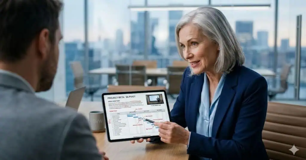 A Hyper-Realistic, Cinematic Over-The-Shoulder Photograph Capturing A Senior-Level Professional Woman With Elegant Silver Hair In A Bright, Modern Glass-Walled Conference Room. She Is Leaning Forward, Confidently Presenting A Tablet To A Recruiter. The Tablet Screen Avoids A Standard Resume Format, Instead Displaying A Detailed &Quot;Project Beta: &Amp;Apos;26 Pivot&Quot; Case Study With A Red-Line &Quot;Failed&Quot; Draft, A Complex Gantt Chart With Hand-Drawn Annotations, And A Small Video Thumbnail Of A Presentation. She Gestures With Her Pen Toward A Specific Pivot Point In The Data. This Image Illustrates The &Quot;Authenticity Premium&Quot; And The Shift Toward Real Process Documentation. It Provides A Visual Answer To The Question, &Quot;Why Do Recruiters Think I Used Ai?&Quot; By Demonstrating How Presenting Evidence Of Messy, Real-World Problem-Solving And Failures Establishes Human Credibility That A Polished, Generic Application Cannot Match.