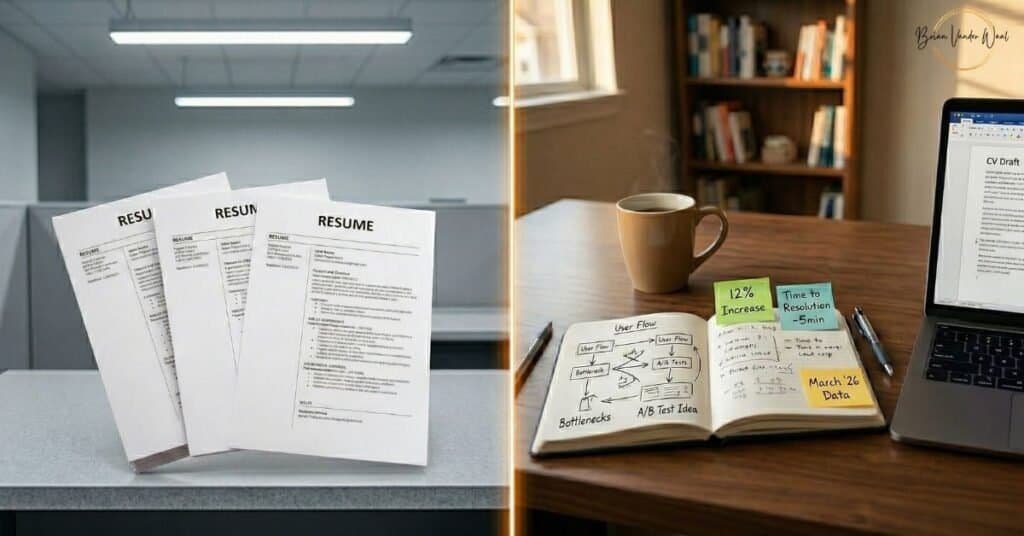 Why Do Recruiters Think I Used Ai? (And How You Can Fix It) 2 A Hyper-Realistic Conceptual Image Presented As A Side-By-Side Split Screen, Illustrating The &Quot;Authenticity Premium.&Quot;The Left Side Shows A Sterile, Clinical Office Desk With A Stack Of Three Identical, Perfectly Printed Resumes Under Cold Led Lighting, Representing The &Quot;Pattern Convergence&Quot; Of Generic Applications.The Right Side Features A Warm, Wooden Home-Office Desk In Golden Sunlight, Showcasing A Human-Centric Workflow: An Open Notebook With Hand-Drawn Diagrams And Scribbled Metrics, Colorful Sticky Notes With Data Points, A Steaming Coffee Mug, And A Laptop Screen Displaying A &Quot;Cv Draft.&Quot;This Visual Contrast Directly Addresses The Blog'S Theme, &Quot;Why Do Recruiters Think I Used Ai?&Quot; By Highlighting The Difference Between Robotic Polish And The Specific, Messy, And Provable Details That Signal True Human Authorship To Hiring Managers.