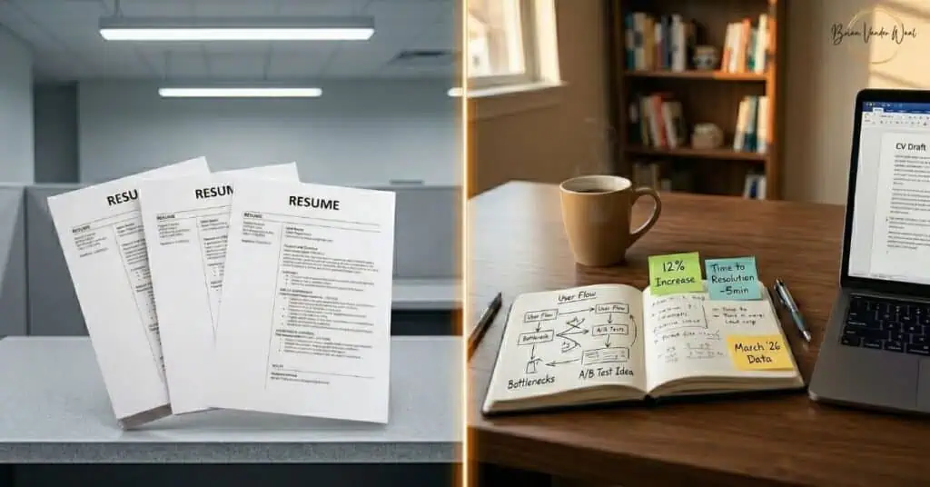A Hyper-Realistic Conceptual Image Presented As A Side-By-Side Split Screen, Illustrating The &Quot;Authenticity Premium.&Quot;The Left Side Shows A Sterile, Clinical Office Desk With A Stack Of Three Identical, Perfectly Printed Resumes Under Cold Led Lighting, Representing The &Quot;Pattern Convergence&Quot; Of Generic Applications.The Right Side Features A Warm, Wooden Home-Office Desk In Golden Sunlight, Showcasing A Human-Centric Workflow: An Open Notebook With Hand-Drawn Diagrams And Scribbled Metrics, Colorful Sticky Notes With Data Points, A Steaming Coffee Mug, And A Laptop Screen Displaying A &Quot;Cv Draft.&Quot;This Visual Contrast Directly Addresses The Blog&Amp;Apos;S Theme, &Quot;Why Do Recruiters Think I Used Ai?&Quot; By Highlighting The Difference Between Robotic Polish And The Specific, Messy, And Provable Details That Signal True Human Authorship To Hiring Managers.