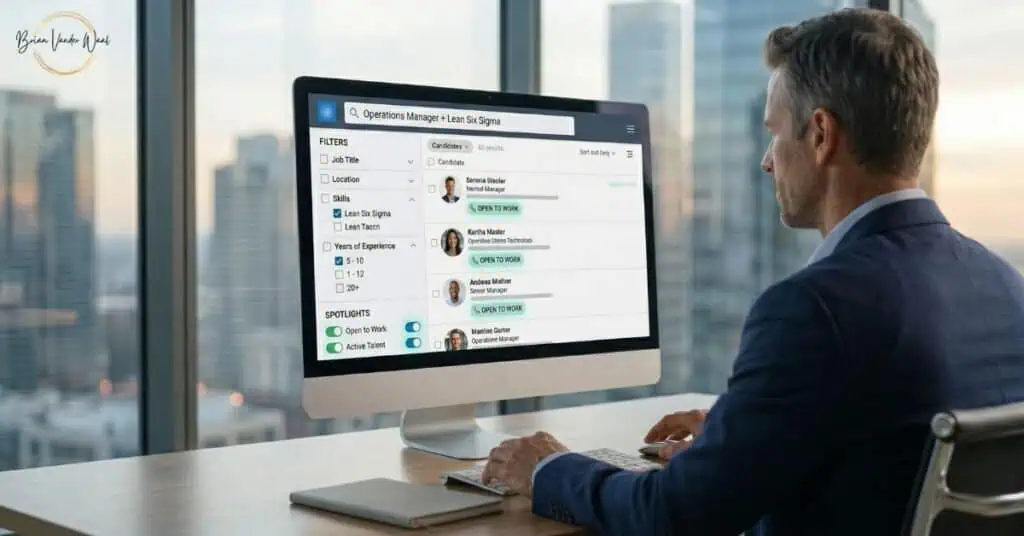 This Image Provides A Strong Visual Answer To The Question: How Do Recruiters Find Candidates? And How To Get Found. It Is A Hyper-Realistic, Professional Over-The-Shoulder Photograph, Set In A Modern, Blurred High-Rise Office. A Recruiter (A White Male In His 40S With Professional Grey-Brown Hair, Wearing A Navy Blazer, Viewed Slightly From Behind And The Right) Is Looking At A High-Resolution Monitor. The Screen Displays A Realistic, Clean, Proprietary Candidate Search Interface. The Interface Features A Prominent, Text-Accurate Search Bar With Two Specific, Readable Terms: &Quot;Operations Manager + Lean Six Sigma&Quot;. A Vertical Filter Panel On The Left Side Of The Screen Is Clearly Visible With Realistic Checkboxes, Including The Specific, Legible Text Filter Labels: &Quot;Job Title&Quot;, &Quot;Location&Quot;, &Quot;Skills (Lean Six Sigma Checked)&Quot;, And &Quot;Years Of Experience (5-10 Checked)&Quot;. Below These, Under A Section Labelled &Quot;Spotlights&Quot;, Two Toggles Are Visibly Active (Glowing Green/Blue), And Their Text Labels Are Perfectly Legible: &Quot;Open To Work&Quot; And &Quot;Active Talent&Quot;. The Candidates Listed On The Main Results Page All Feature A Realistic, Slightly Translucent Overlay Icon With The Text &Amp;Apos;Open To Work&Amp;Apos; Near Their Profile Photos. The Lighting Is Soft And Natural From The Window, And The Recruiter&Amp;Apos;S Hand Rests Near A Minimalist Mouse And Notebook, Adding To The Realistic, Focused Atmosphere. The Focus Is Critical On The Screen Content And The Active Toggles, While The Background Is A Smooth Bokeh.