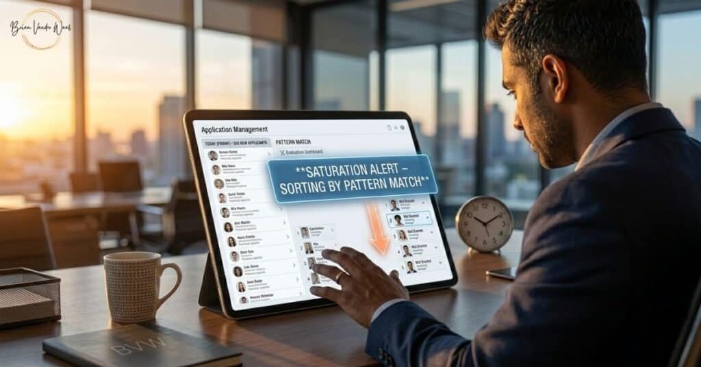 A Close-Up, Hyper-Realistic Over-The-Shoulder Photograph Capturing A South Asian Professional Man In His 30S Working On A Large Tablet At A Cluttered But High-End Dark Wood Desk. The Scene Is Set On A Late Friday Afternoon, With Warm, Golden Sunset Light Casting Long, Dramatic Shadows Through The Windows Of A Modern Office. His Right Hand Hovers Just Above The Screen. The Entire Tablet Display Is A Perfectly Rendered, Text-Accurate &Quot;Application Management&Quot; Dashboard. The Central Focus Is A Prominent, Clean Blue Notification Box Overlaying The Main Interface, Explicitly And Legibly Reading: &Quot;Saturation Alert – Sorting By Pattern Match.&Quot; Below This Central Message, A Distinct Downward Ranking Arrow Shows Multiple Candidate Profiles Being Moved Down A Competitive List. On The Left Side Of The Screen, A Dense, Scrolling List Of Applications Is Visible, Where The Topmost Entries Clearly Read: &Quot;Today (Friday) - 302 New Applicants.&Quot; This Visual Context Directly Addresses The Career Blog'S Theme, &Quot;Why Am I Not Getting Job Interviews,&Quot; By Illustrating How The Machine'S &Quot;Pattern Match&Quot; Sorting Instantly Reshuffles Large Candidate Volumes, Making Late Or Non-Linear Applicants Invisible Within The Competitive Hierarchy. A Patterned Coffee Mug And A Sophisticated Desk Clock Are Naturally Placed On The Desk, Grounding The Scene. The Cityscape Background Is Softly Blurred Under Twilight. There Are No Floating Digital Interface Elements; The Ui Is Strictly On The Device Screen.
