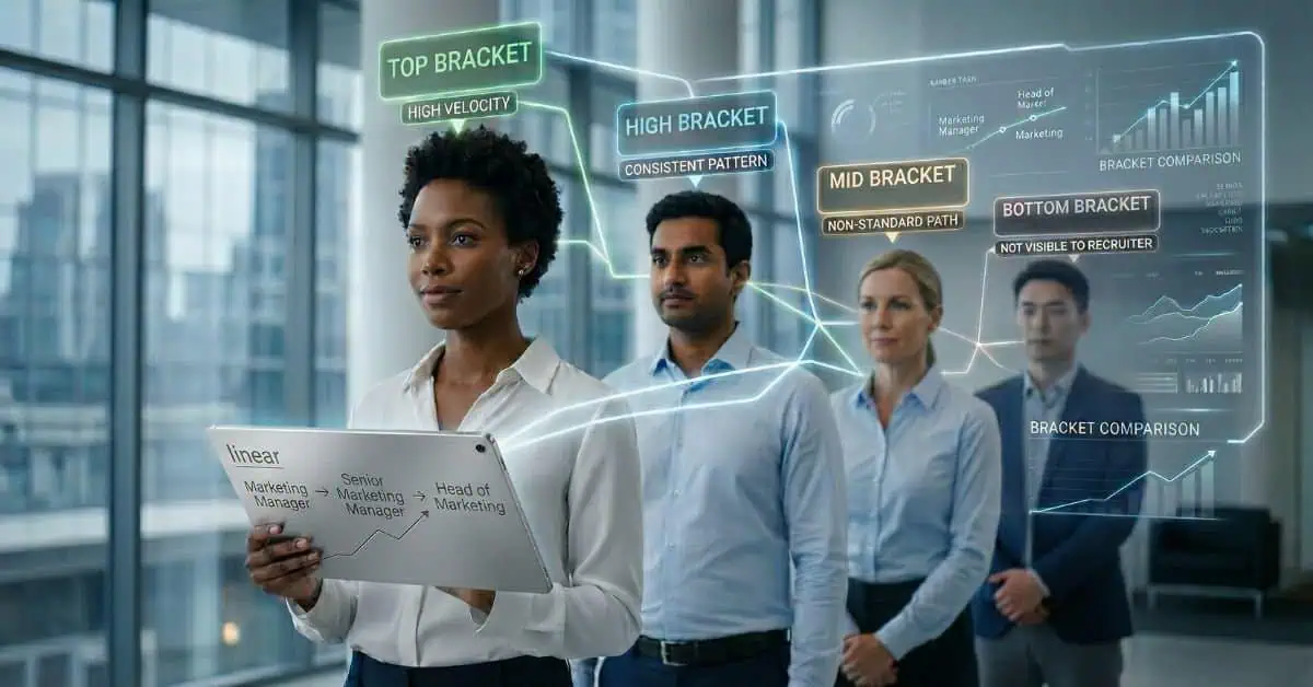An Image Which Visually Demonstrates The Answer To A Common Question: Why Am I Not Getting Job Interviews? An Image Of A Diverse Line Of Four Job Candidates In A Modern Office, With A Digital Ai Interface Hovering Over Them. The Ai Categorizes Them Into 'Top,' 'High,' 'Mid,' And 'Bottom' Brackets Based On Their Career Patterns. The Woman In Front Holds A Silver Tablet Showing A Linear Career Path From Marketing Manager To Head Of Marketing, Illustrating How Ai Ranks Candidates Against Each Other In 2026.