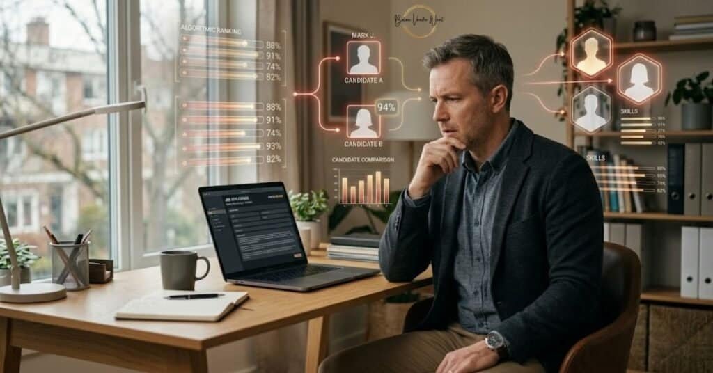 Mid-40S Professional Sitting At A Modern Desk Looking Frustrated At A Laptop, With Digital Ai Overlays Showing Algorithmic Ranking Bars And Candidate Comparisons, Illustrating Why Your Job Search Isn'T Working.