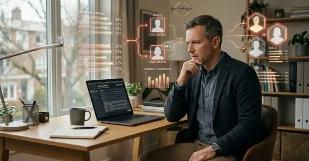 Why Your Job Search Isn'T Working And What'S Changed In 2026 2 Mid-40S Professional Sitting At A Modern Desk Looking Frustrated At A Laptop, With Digital Ai Overlays Showing Algorithmic Ranking Bars And Candidate Comparisons, Illustrating Why Your Job Search Isn'T Working.