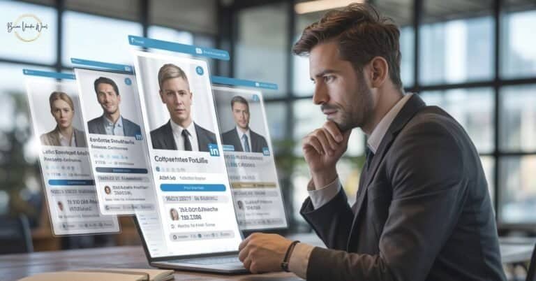A Hyper-Realistic, Professional Image (1200X629 Px) Depicting A Pensive Male Recruiter In A Grey Suit Sitting At A Modern Desk, Analyzing Candidate Profiles On A Laptop. Several Translucent, Floating Digital Profile Cards—Styled Like Linkedin Profiles—Hover Above The Keyboard, Showing Different Candidates With Professional Headshots And Data Points. The Recruiter Has A Hand To His Chin, Illustrating The &Quot;Pattern Convergence Problem&Quot; And The Challenge Of Identifying Authentic Candidates Among Hundreds Of Identical, Polished Applications. This Visual Supports The Blog’s Core Question: &Quot;Why Do Recruiters Think I Used Ai?&Quot; It Highlights The Trust Crisis In 2026 Hiring And The Shift Toward The &Quot;Authenticity Premium,&Quot; Where Human Specificities And &Quot;Messy&Quot; Details Are Needed To Stand Out From Generic, Ai-Looking Content.