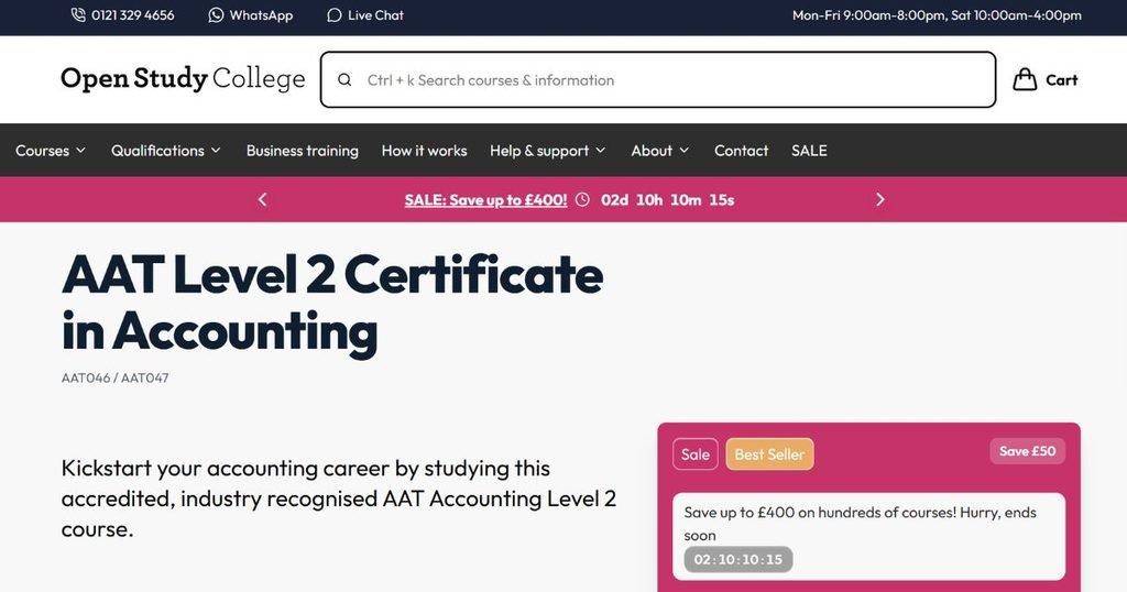 Which Online Courses Are Worth It For A Uk Career Change? 5 Screenshot Of Open Study College Website Featuring The Aat Level 2 Certificate In Accounting Course Page With Course Overview And Sale Offer.