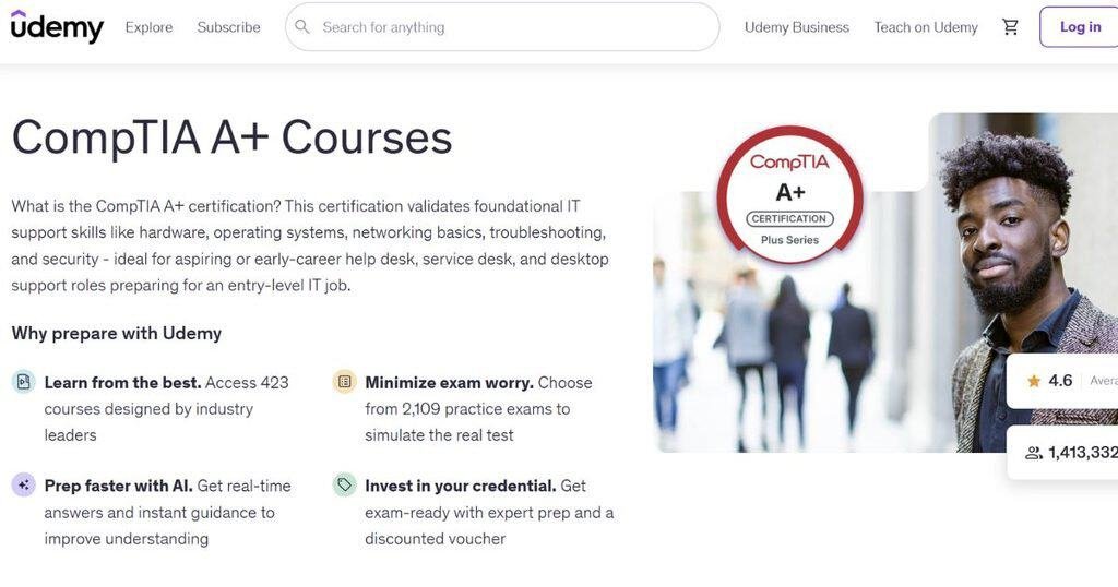 Which Online Courses Are Worth It For A Uk Career Change? 3 Screenshot Of The Udemy Comptia A+ Courses Webpage Detailing It Support Certification Prep, Practice Exams, And Course Benefits