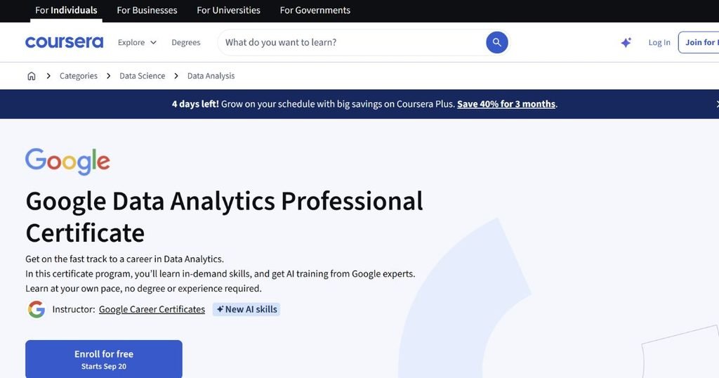 Which Online Courses Are Worth It For A Uk Career Change? 6 Screenshot Of Coursera Website Showing The Google Data Analytics Professional Certificate Course Page With Overview And Enrollment Details.