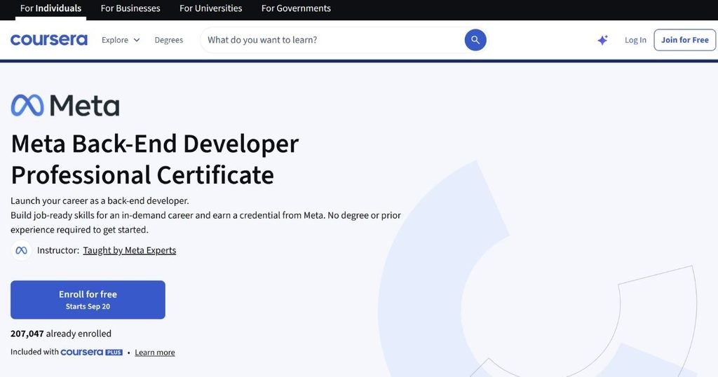 Which Online Courses Are Worth It For A Uk Career Change? 7 Screenshot Of Coursera Website Showing The Meta Back-End Developer Professional Certificate Course Page With Enrollment Details And Program Overview.