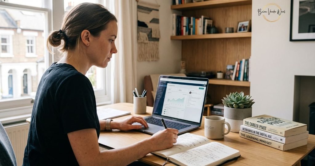 Which Online Courses Are Worth It For A Uk Career Change? 2 Woman Taking Handwritten Notes While Studying An Online Certification Course On A Laptop At A Bright Uk Home Office Desk.