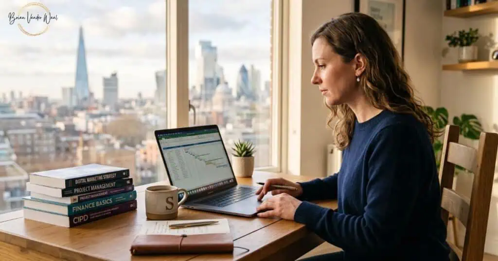 Woman Studying Online Qualifications At A Home Office Desk Overlooking London, Illustrating Which Online Courses Are Worth It For A Uk Career Change.