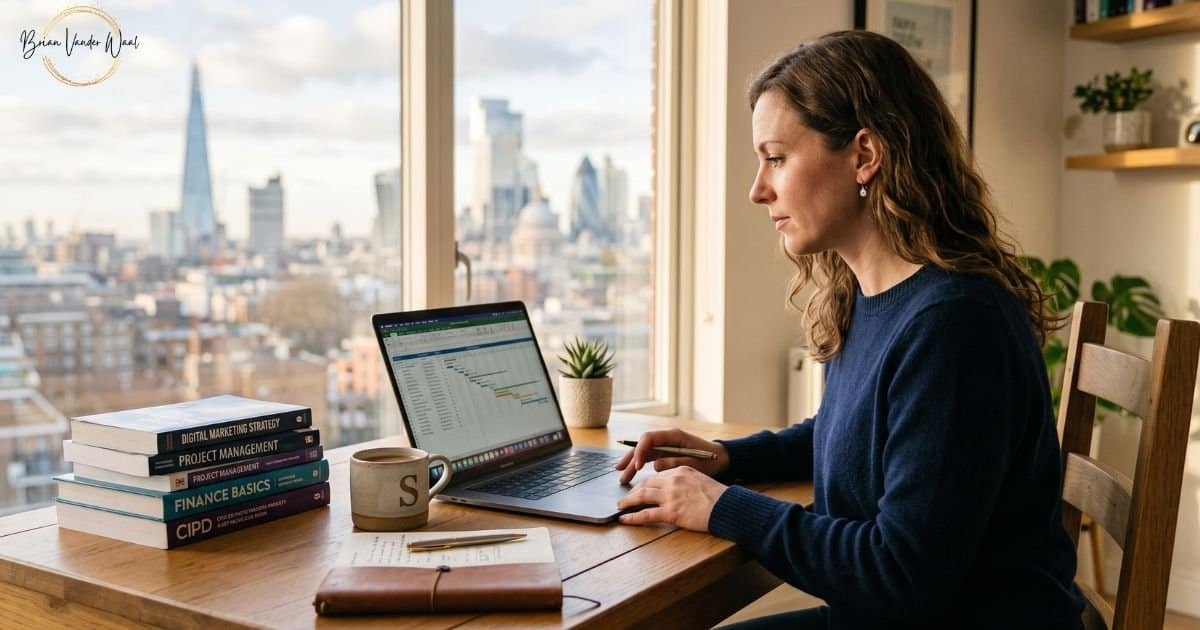 Which Online Courses Are Worth It For A Uk Career Change? 1 Woman Studying Online Qualifications At A Home Office Desk Overlooking London, Illustrating Which Online Courses Are Worth It For A Uk Career Change.