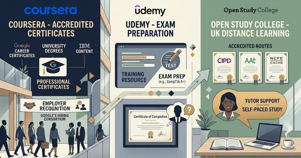 Which Online Courses Are Worth It For A Uk Career Change? 8 Infographic Comparing Online Learning Platforms Coursera, Udemy, And Open Study College By Employer Recognition And Accreditation.